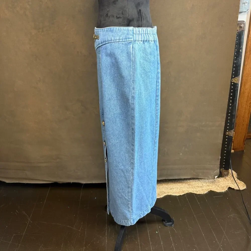 Vintage 80s 90s City Girl Sport Denim Skirt Women’s 14 High Waist Midi Blue Gold